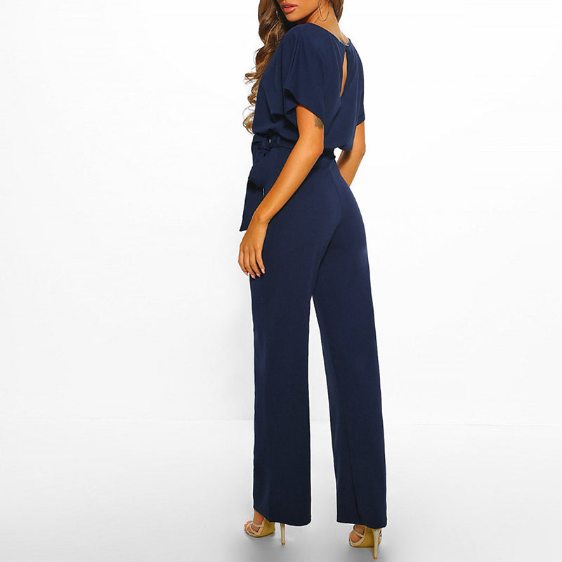 Penelope | Women's Belted Wide Leg Short Sleeve Jumpsuit