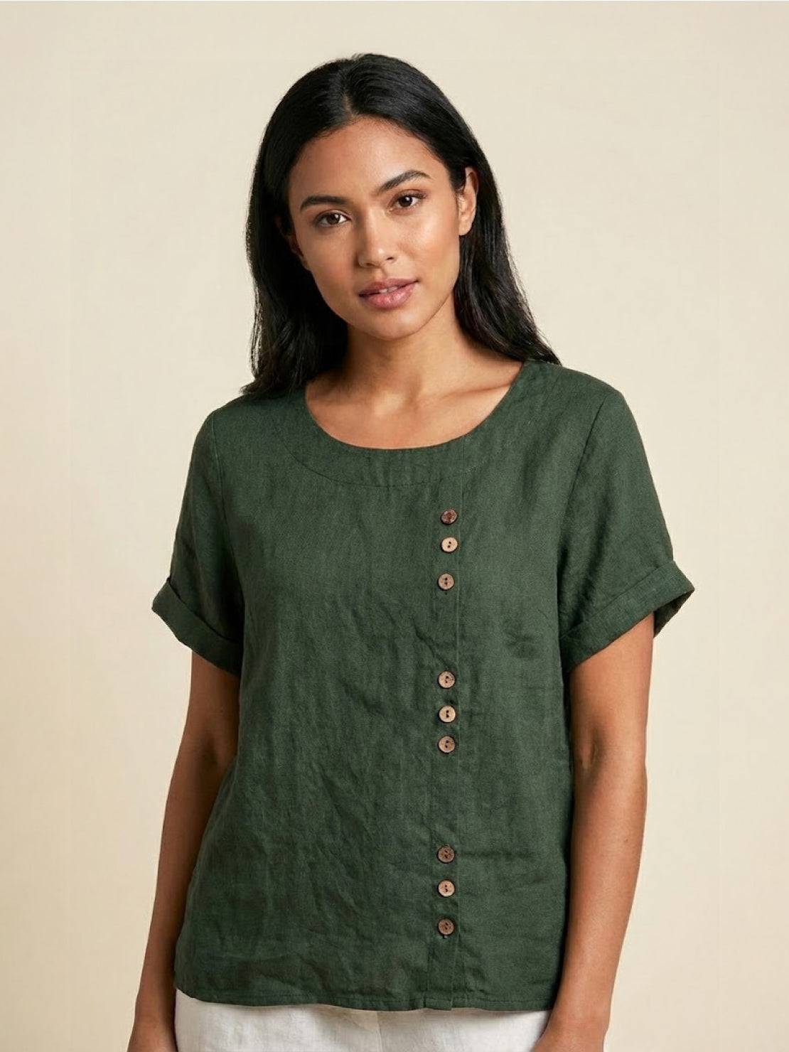 Foreen | Women's Casual Short Sleeve Top with Scoop Neck and Button Details