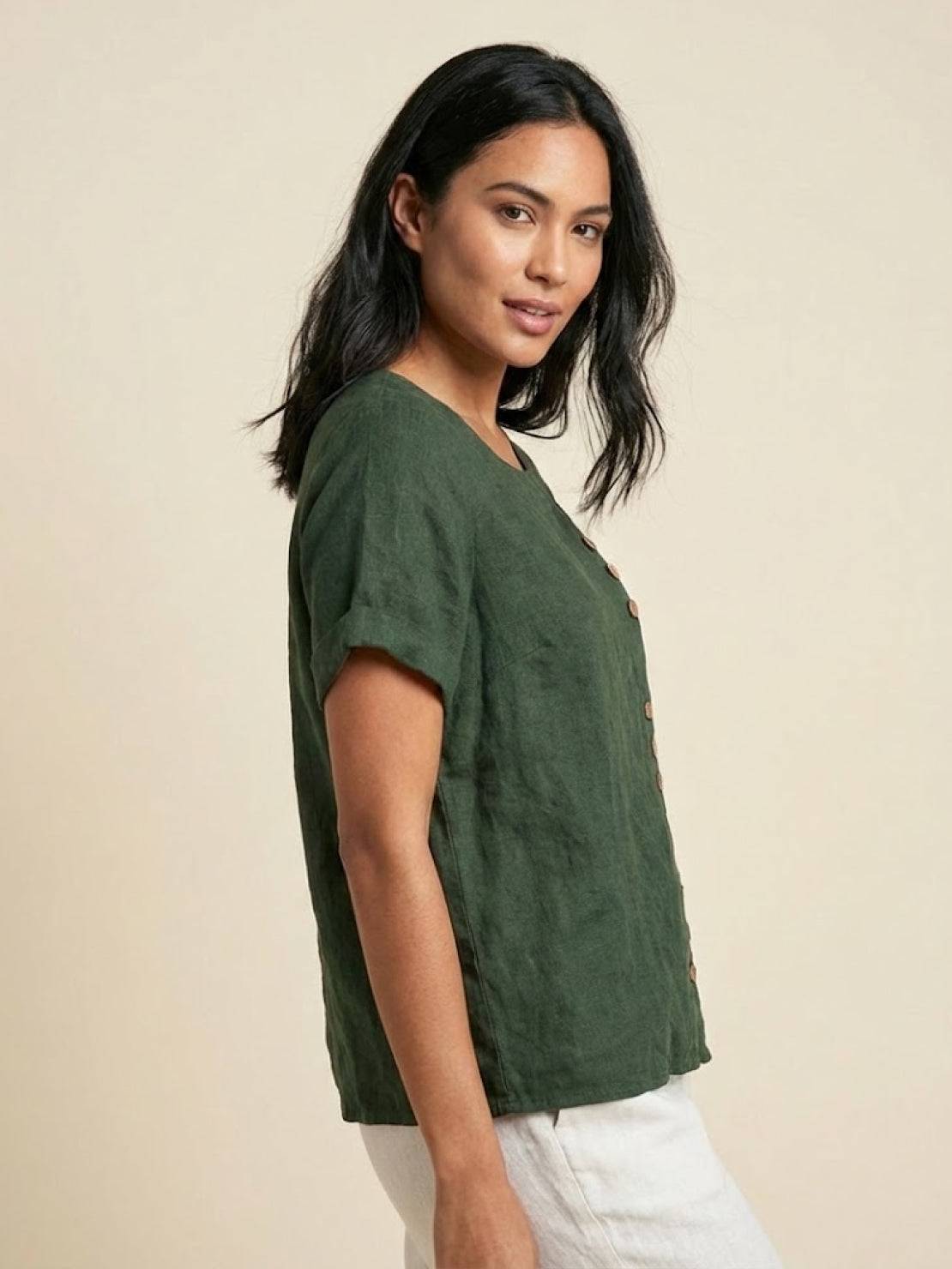 Foreen | Women's Casual Short Sleeve Top with Scoop Neck and Button Details