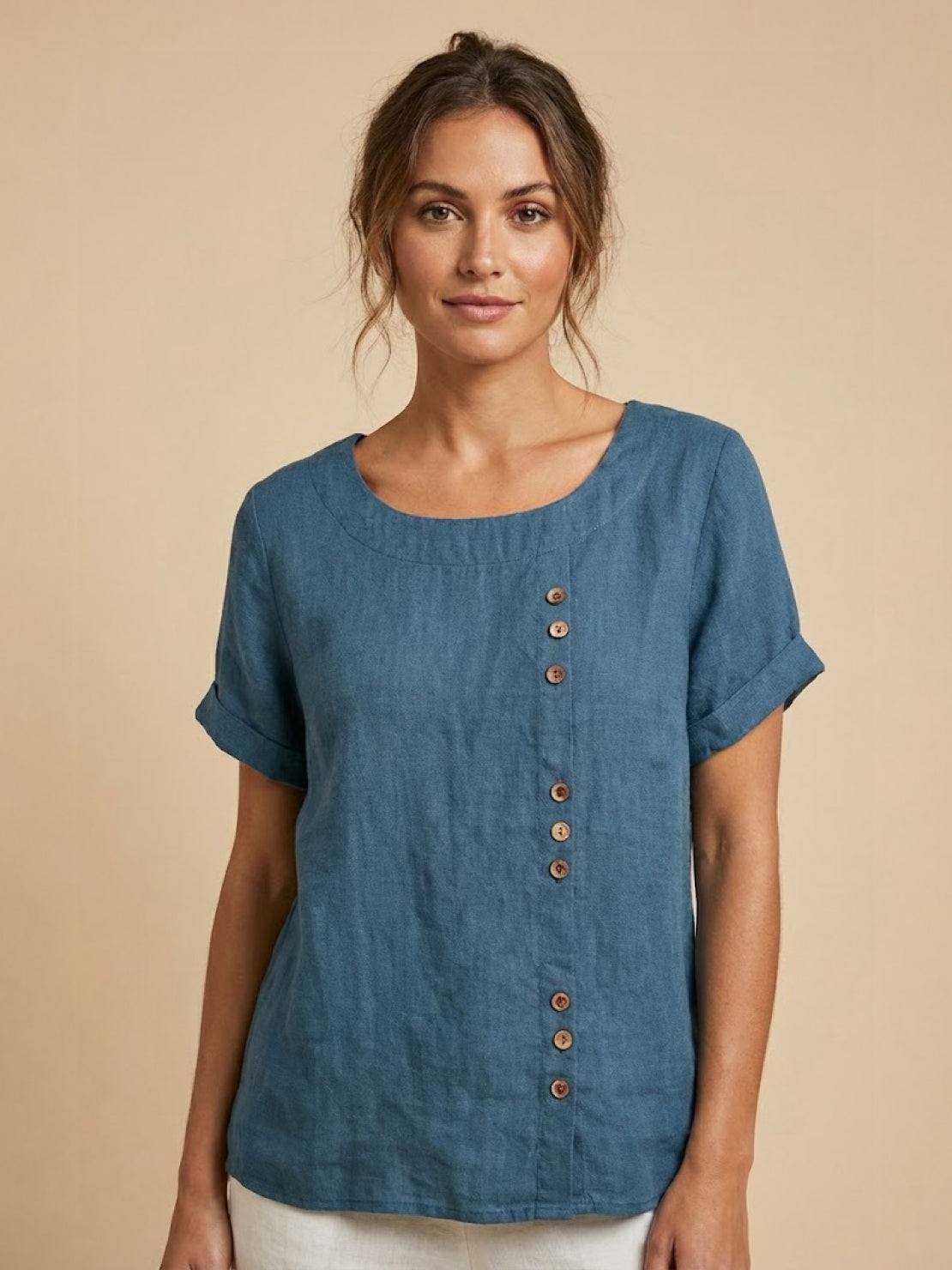 Foreen | Women's Short Sleeve Scoop Neck Top with Button Details