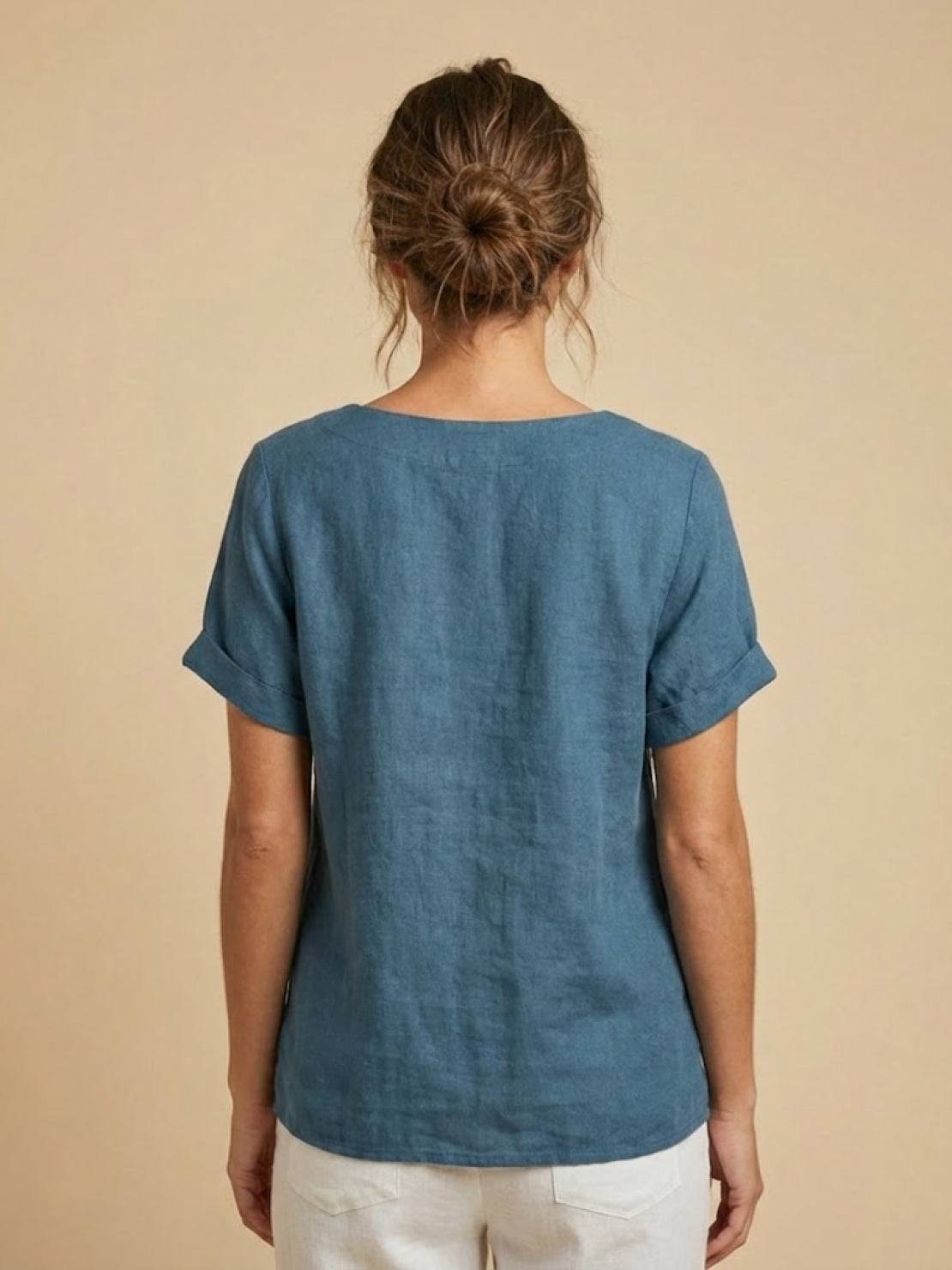 Foreen | Women's Short Sleeve Scoop Neck Top with Button Details