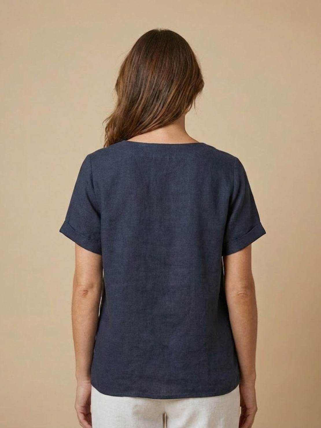 Foreen | Women's Short Sleeve Scoop Neck Top with Button Details