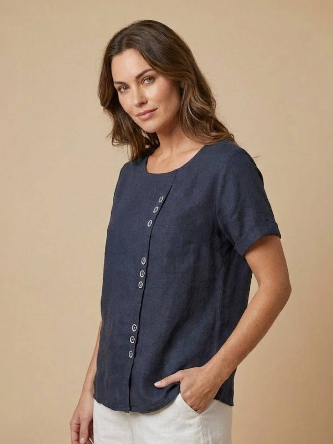 Foreen | Women's Casual Short Sleeve Top with Scoop Neck and Button Details
