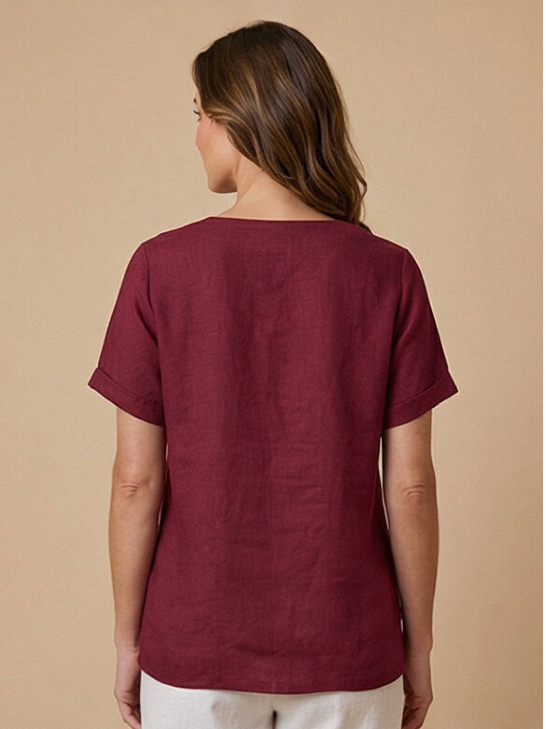 Foreen | Women's Short Sleeve Scoop Neck Top with Button Details