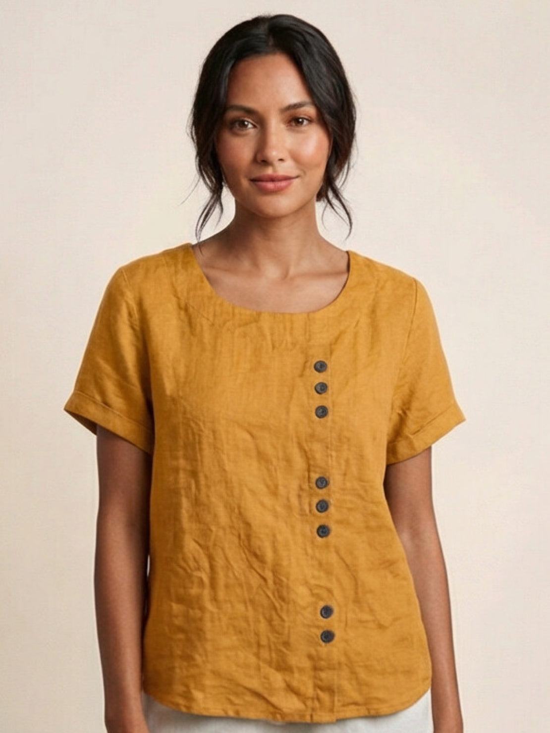 Foreen | Women's Casual Short Sleeve Top with Scoop Neck and Button Details