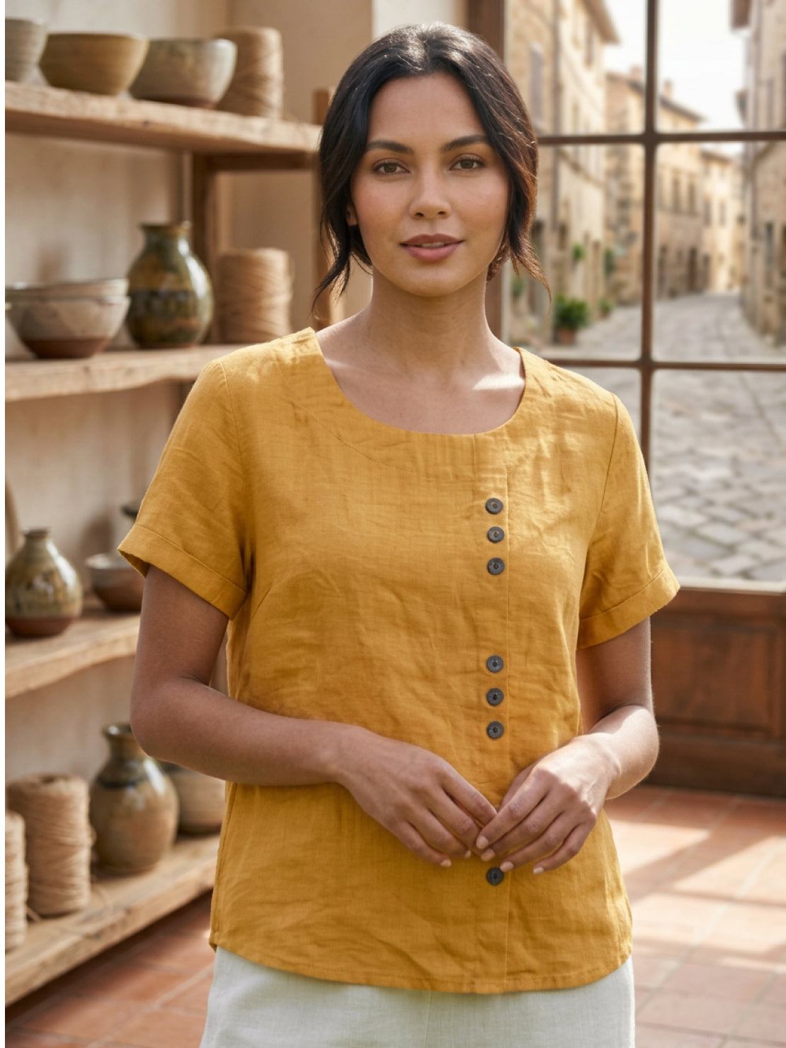 Foreen | Women's Short Sleeve Scoop Neck Top with Button Details