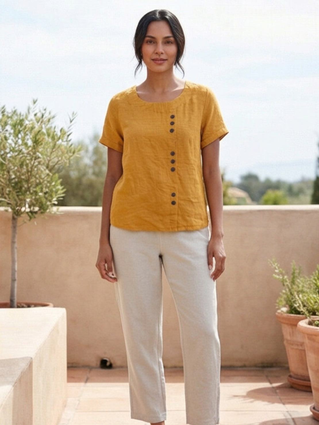 Foreen | Women's Casual Short Sleeve Top with Scoop Neck and Button Details