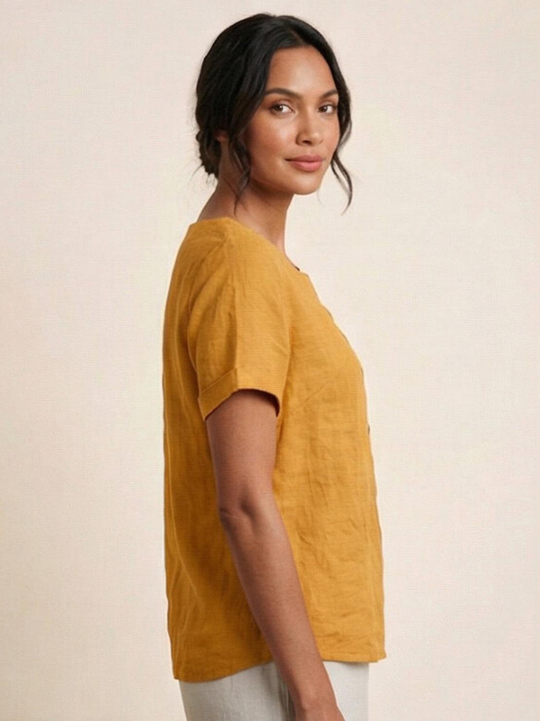 Foreen | Women's Casual Short Sleeve Top with Scoop Neck and Button Details