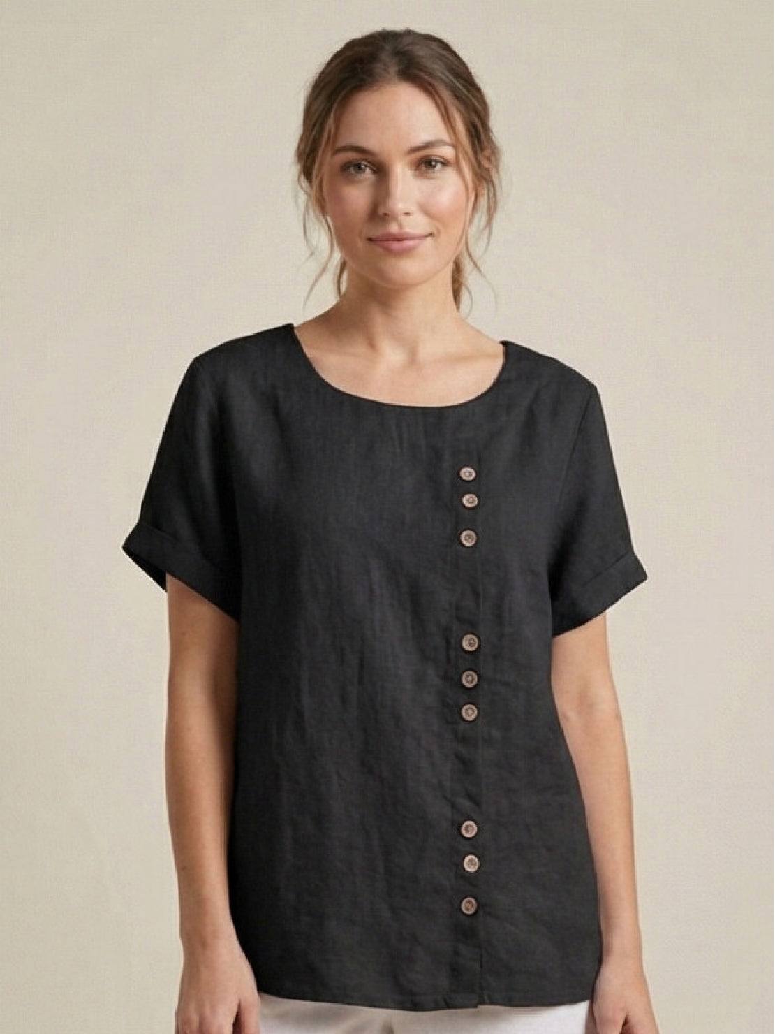 Foreen | Women's Short Sleeve Scoop Neck Top with Button Details