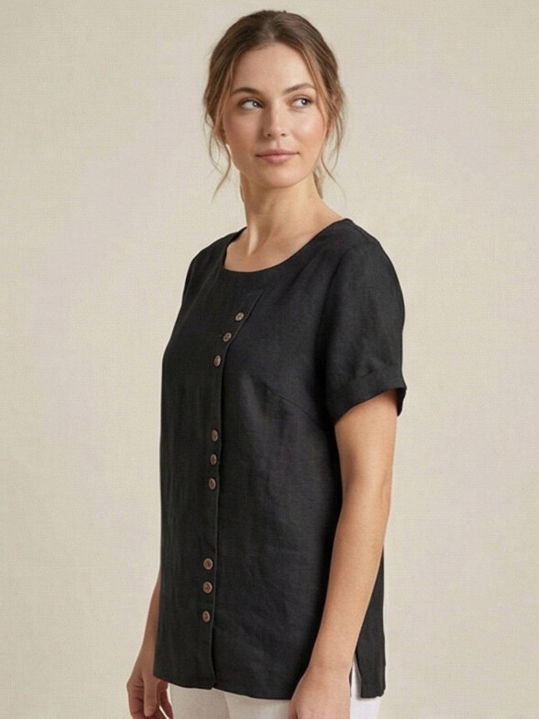 Foreen | Women's Short Sleeve Scoop Neck Top with Button Details