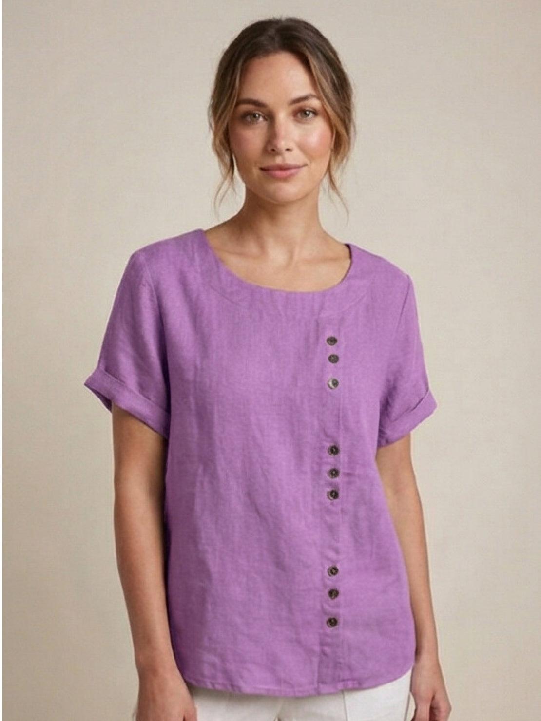 Foreen | Women's Casual Short Sleeve Top with Scoop Neck and Button Details
