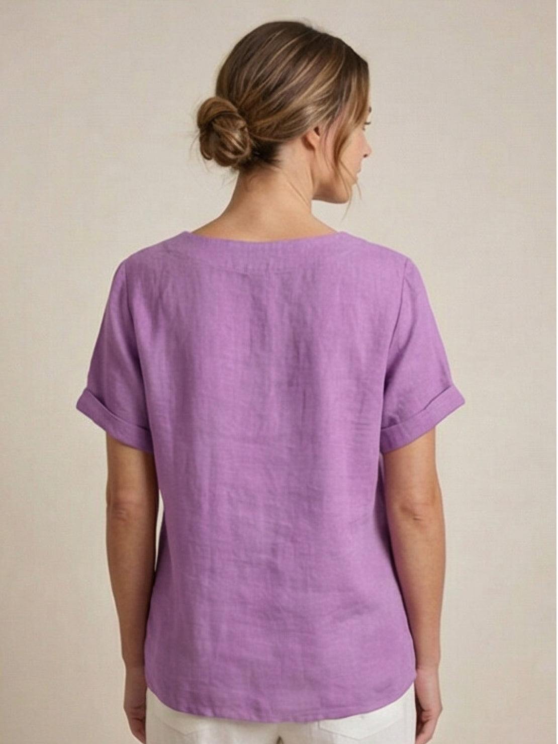 Foreen | Women's Short Sleeve Scoop Neck Top with Button Details