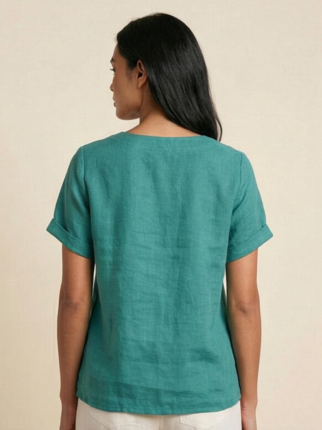 Foreen | Women's Short Sleeve Scoop Neck Top with Button Details