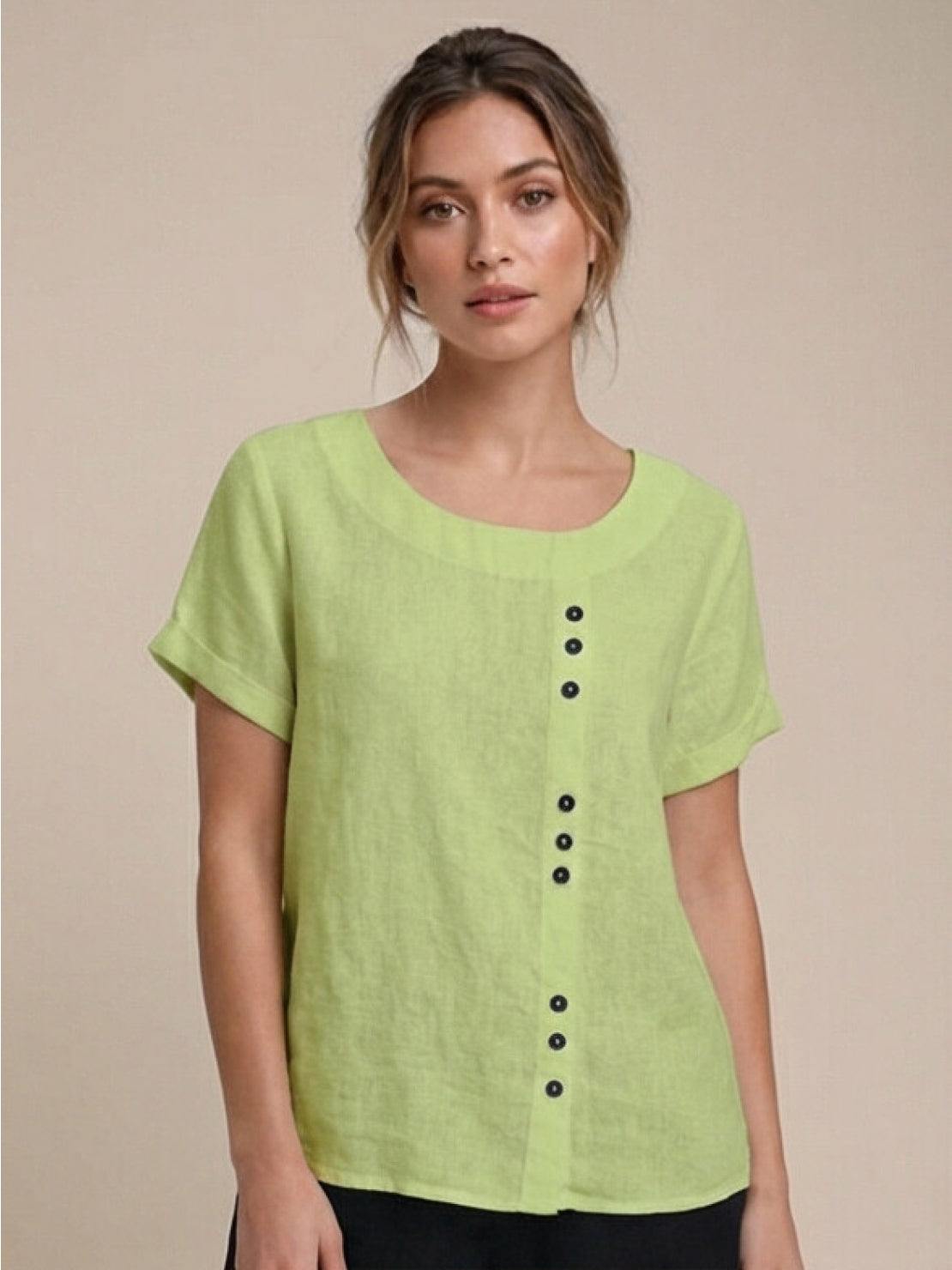 Foreen | Women's Casual Short Sleeve Top with Scoop Neck and Button Details