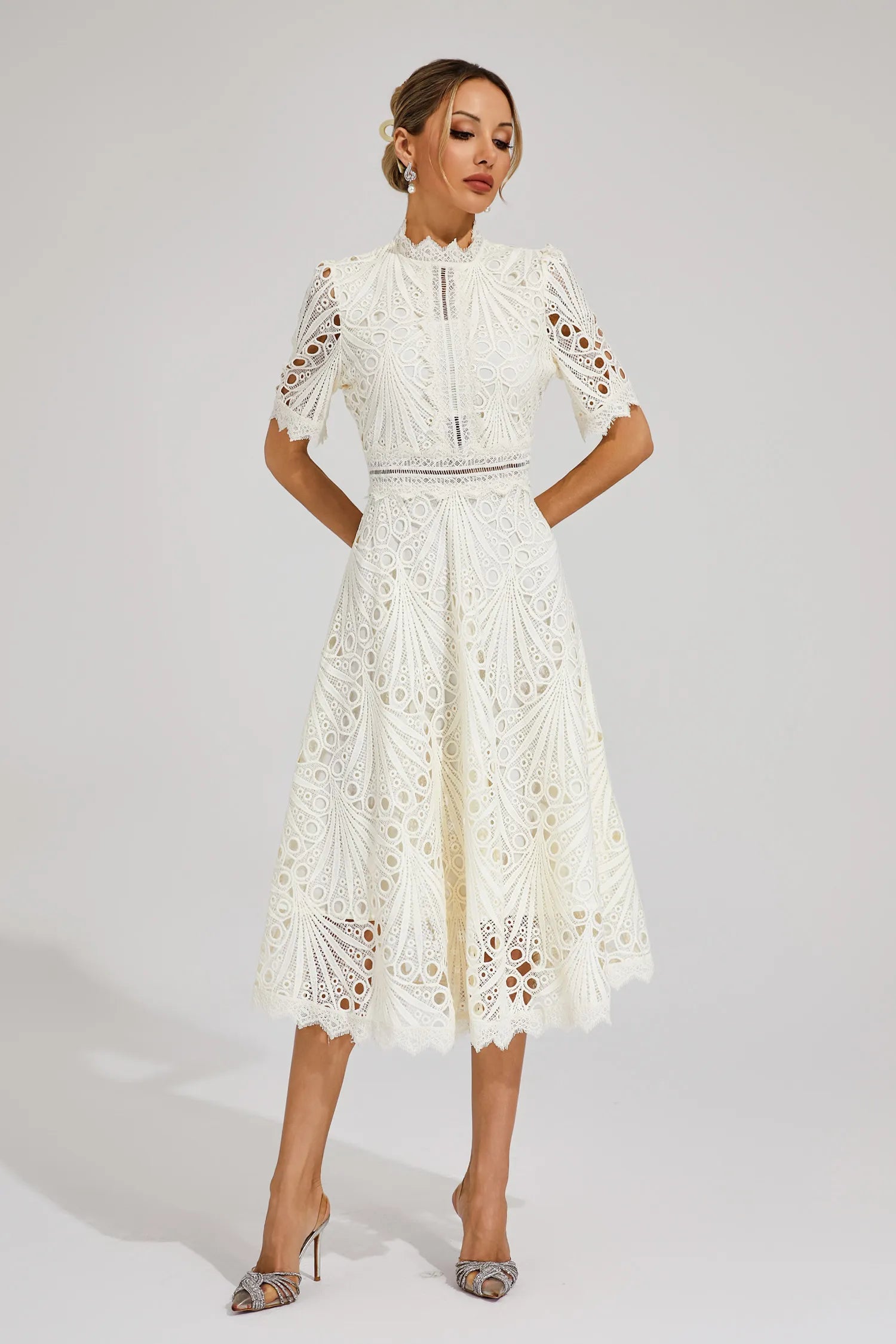 Rosalinda | Women's Short Sleeve Midi Dress with Mock Neck