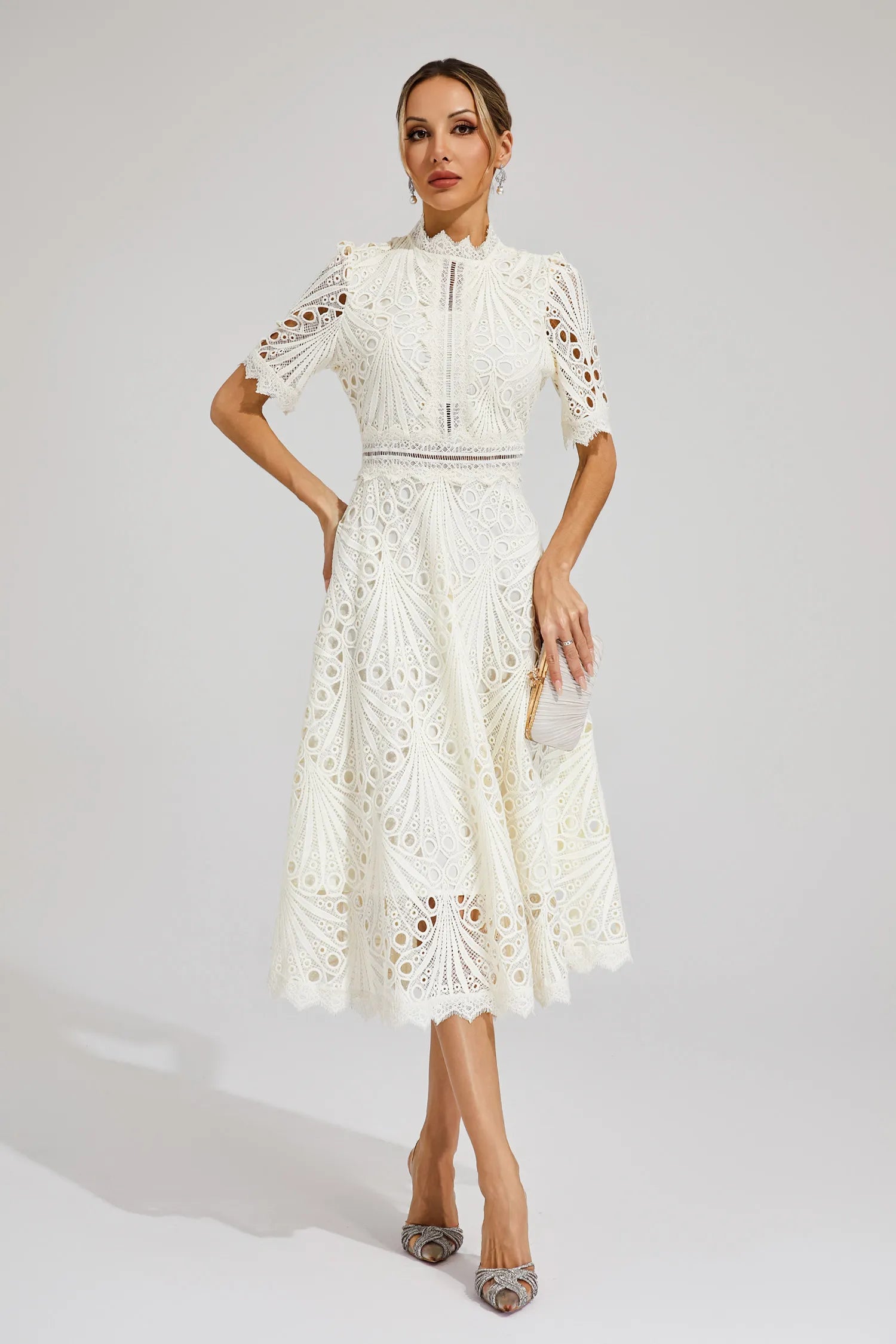 Rosalinda | Women's Short Sleeve Midi Dress with Mock Neck