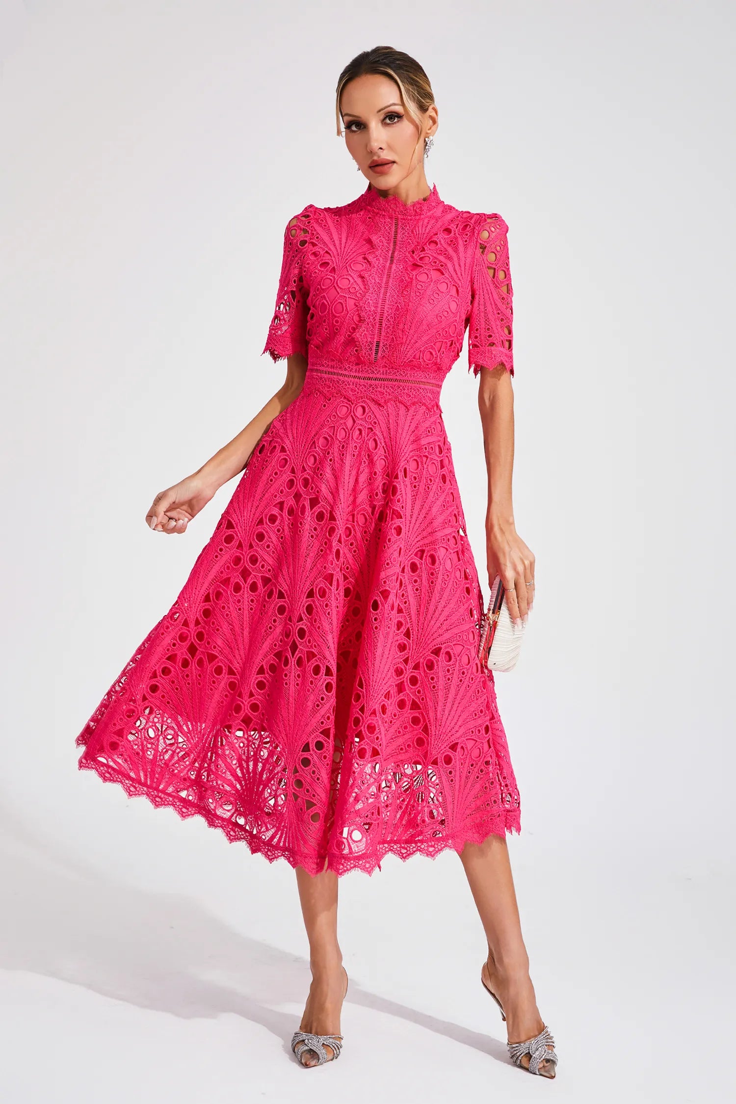 Rosalinda | Women's Short Sleeve Midi Dress with Mock Neck