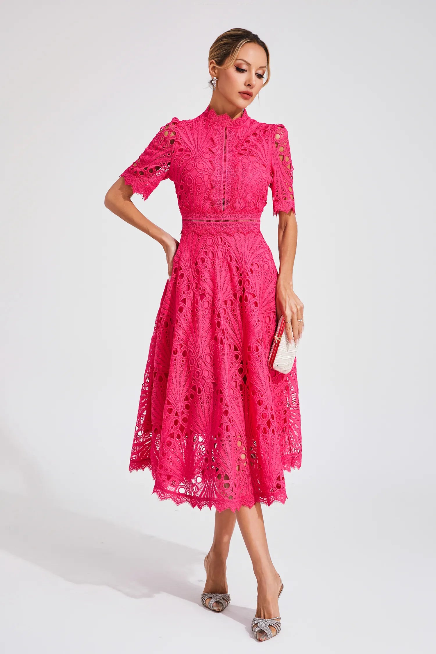 Rosalinda | Women's Short Sleeve Midi Dress with Mock Neck