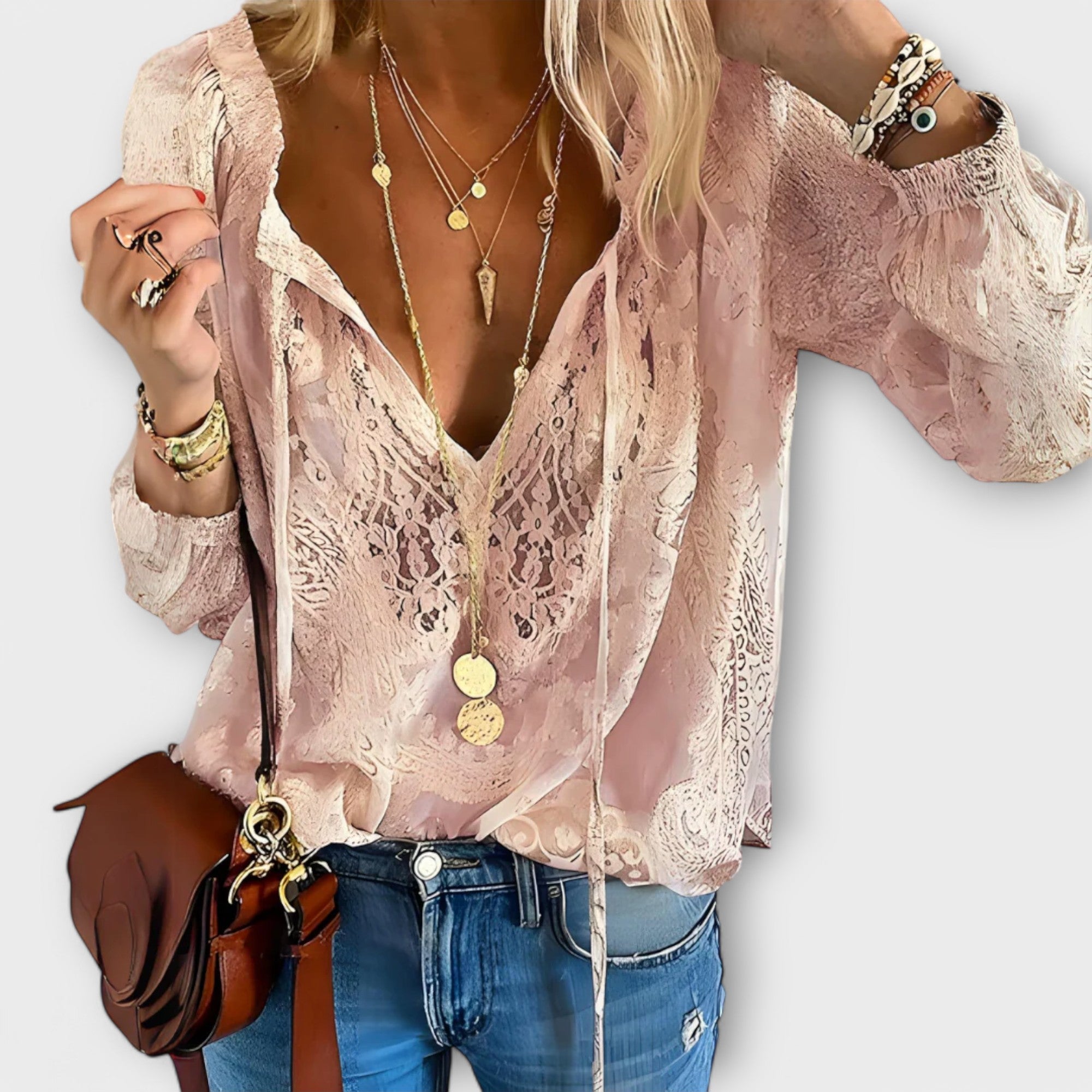 Rosalynn | Women's Long Sleeve Lace Blouse with V-Neck