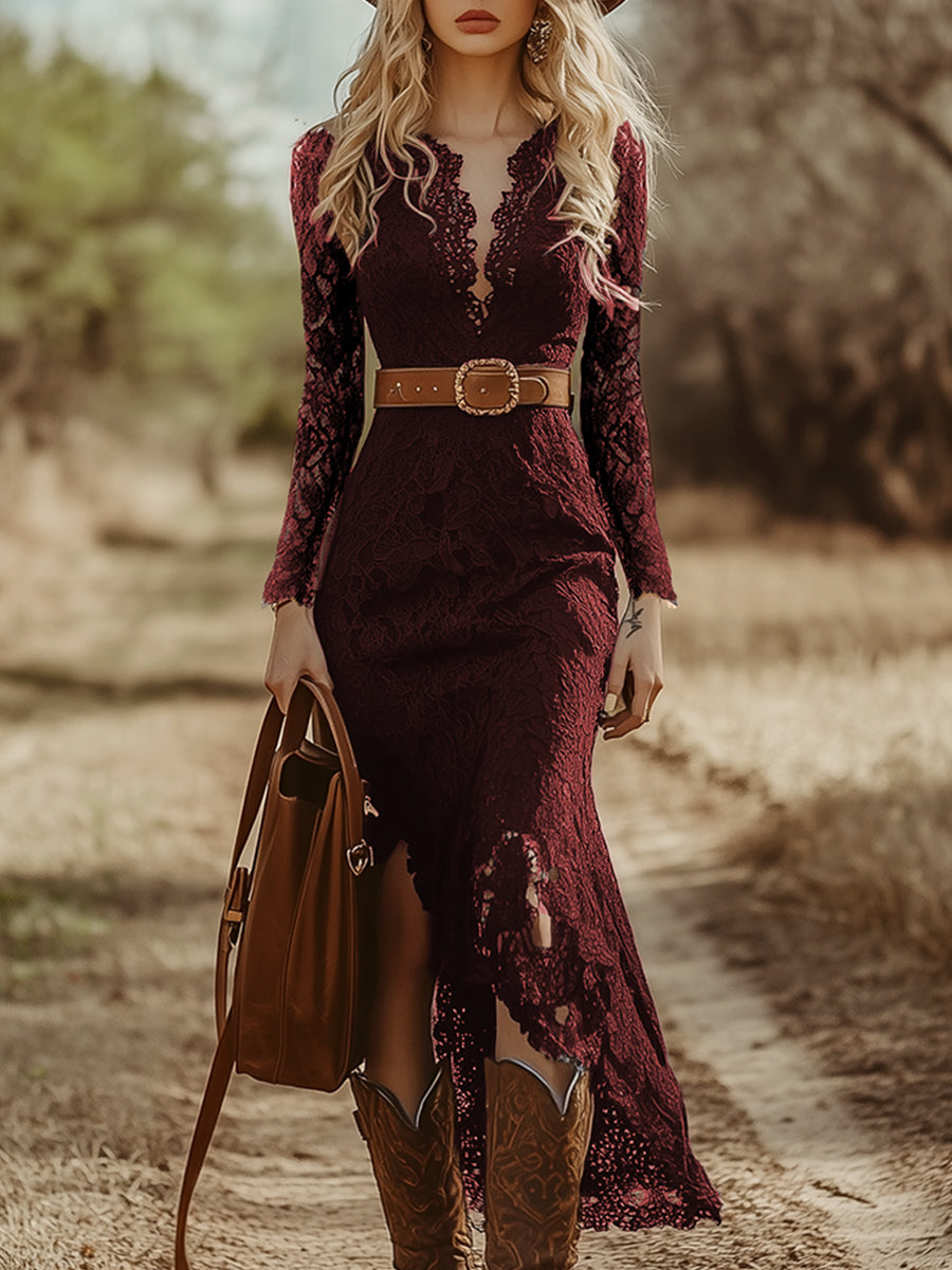 Rosemary | Women's Lace Midi Dress with Long Sleeves and V-Neck