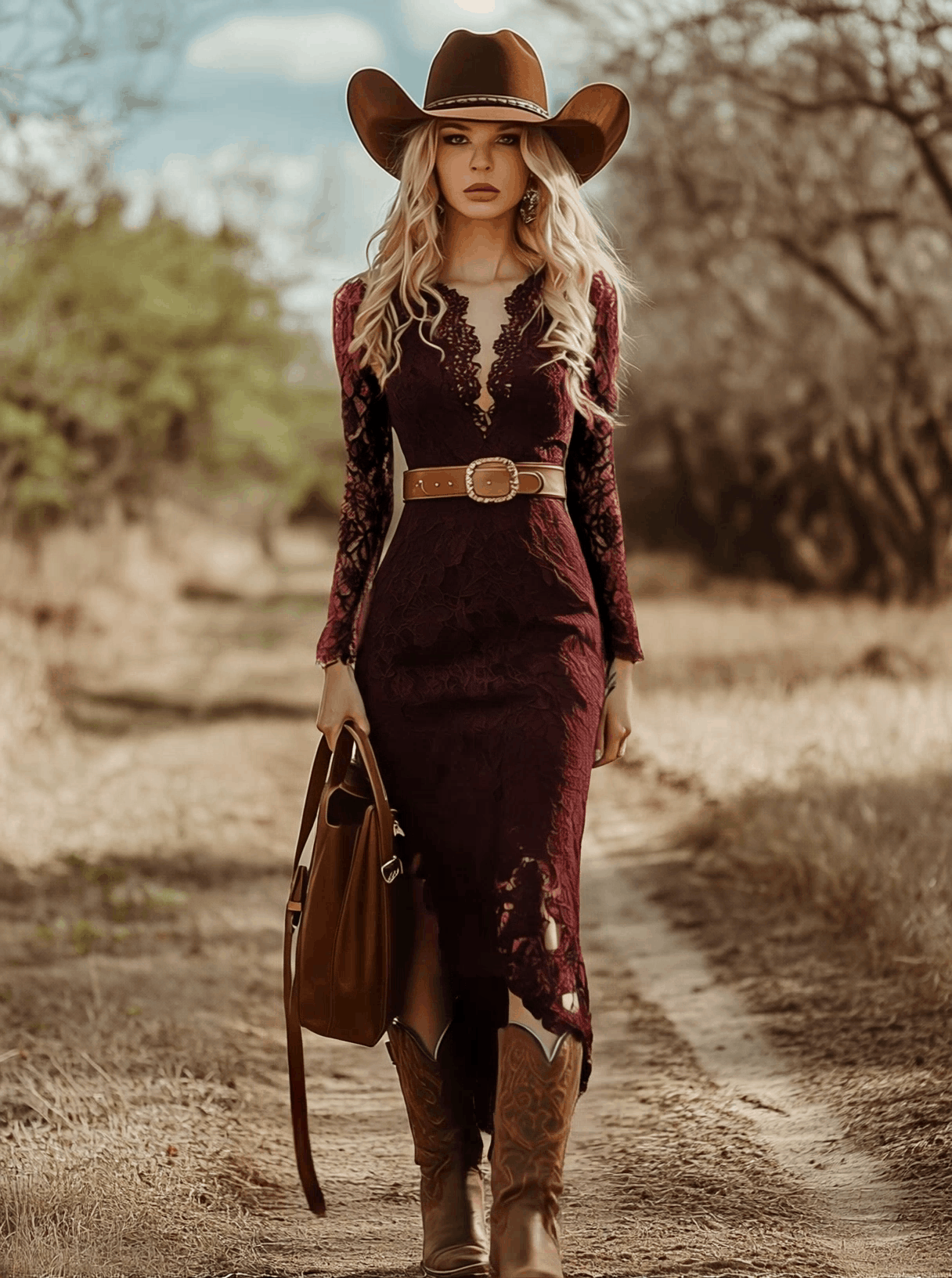 Rosemary | Women's Lace Midi Dress with Long Sleeves and V-Neck