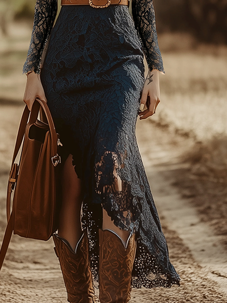 Rosemary | Women's Lace Midi Dress with Long Sleeves and V-Neck