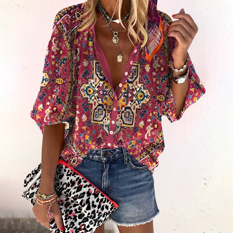 Zara | Women's V-Neck Long Sleeve Boho Print Blouse with Button Closure