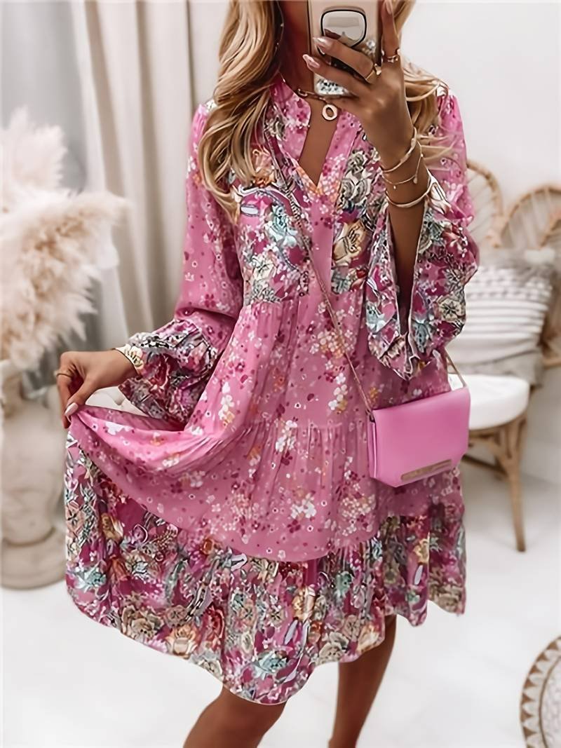 Seraphine | Women's Tiered Midi Dress with Floral Print and V-Neck Long Sleeves