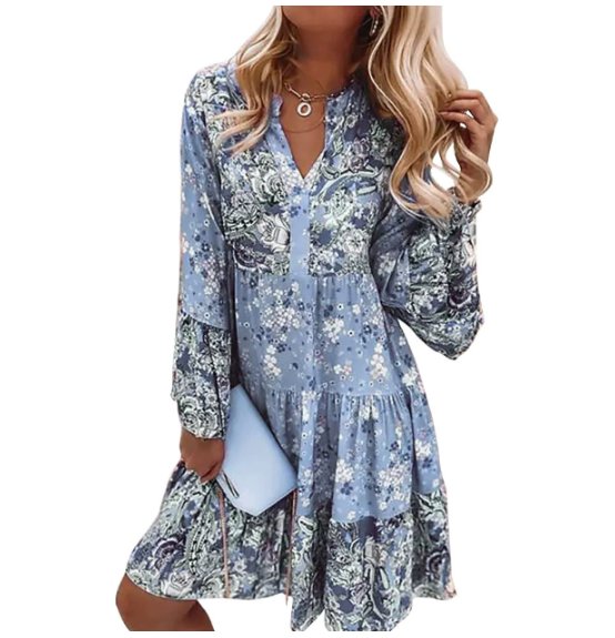 Seraphine | Women's Tiered Midi Dress with Floral Print and V-Neck Long Sleeves