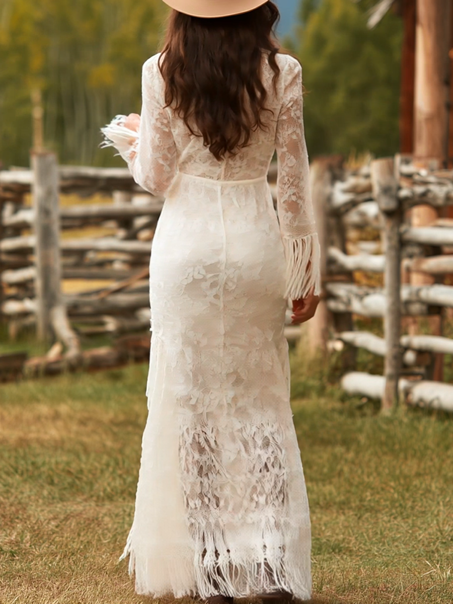 Serenity | Women's Long Sleeve V-Neck Maxi Dress with Tassels