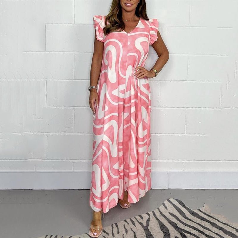 Nova | Women's V-Neck Wide Leg Jumpsuit with Abstract Print and Ruffle Sleeves