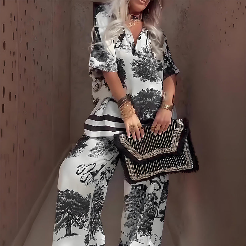 Amber™ | V-Neck Printed Top & Long Pants Ensemble