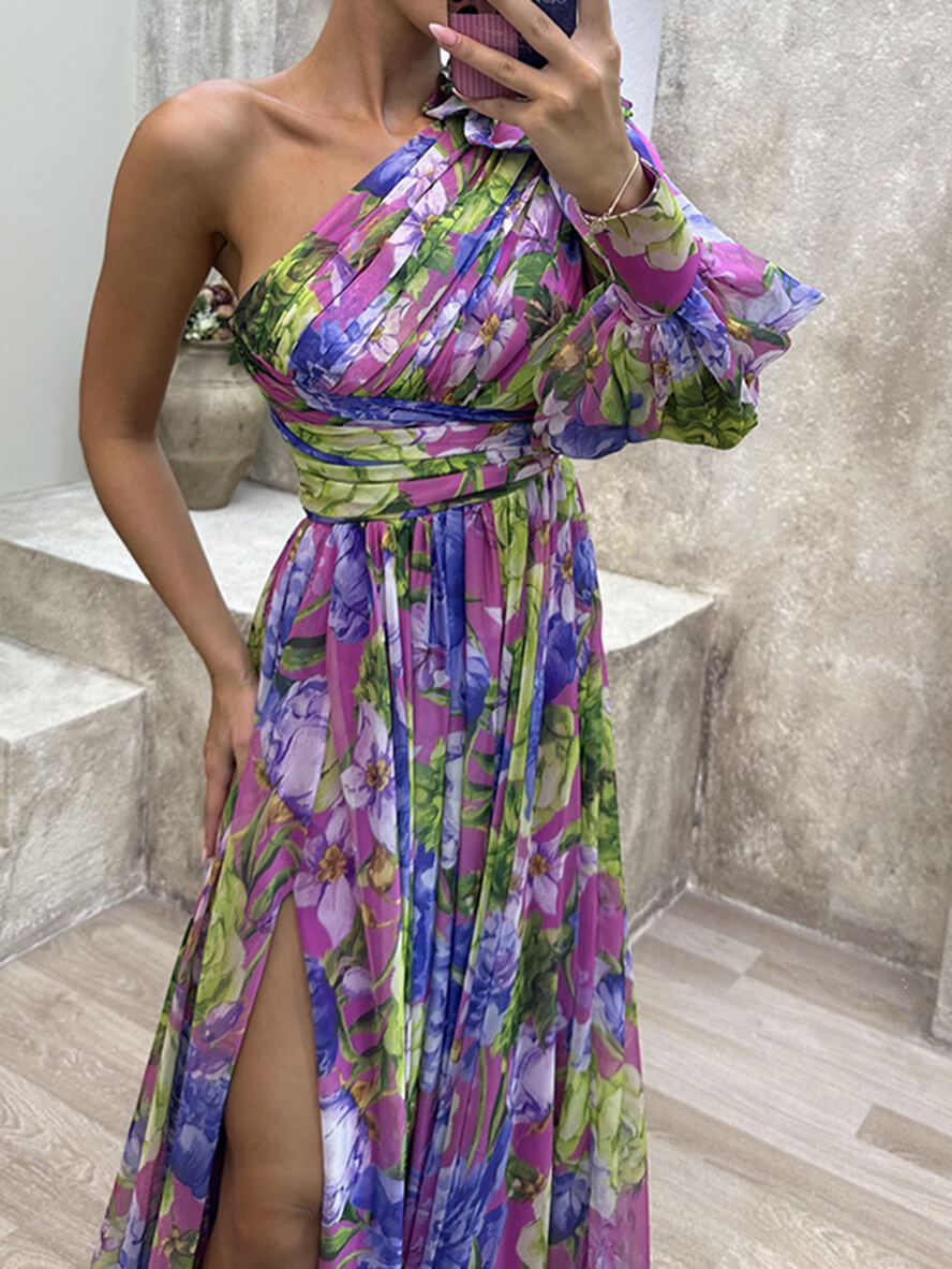 Theodora | Women's Floral Maxi Dress with One Shoulder Design