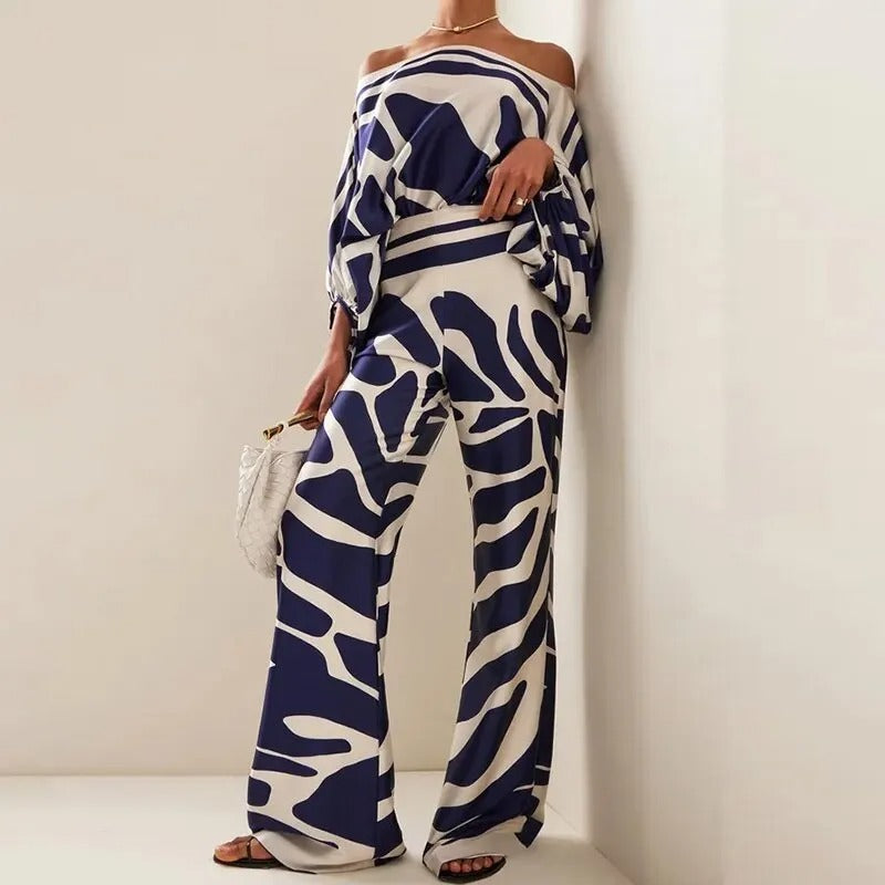 Wave | Women's Off-Shoulder Printed Two-Piece Set with Wide-Leg Pants
