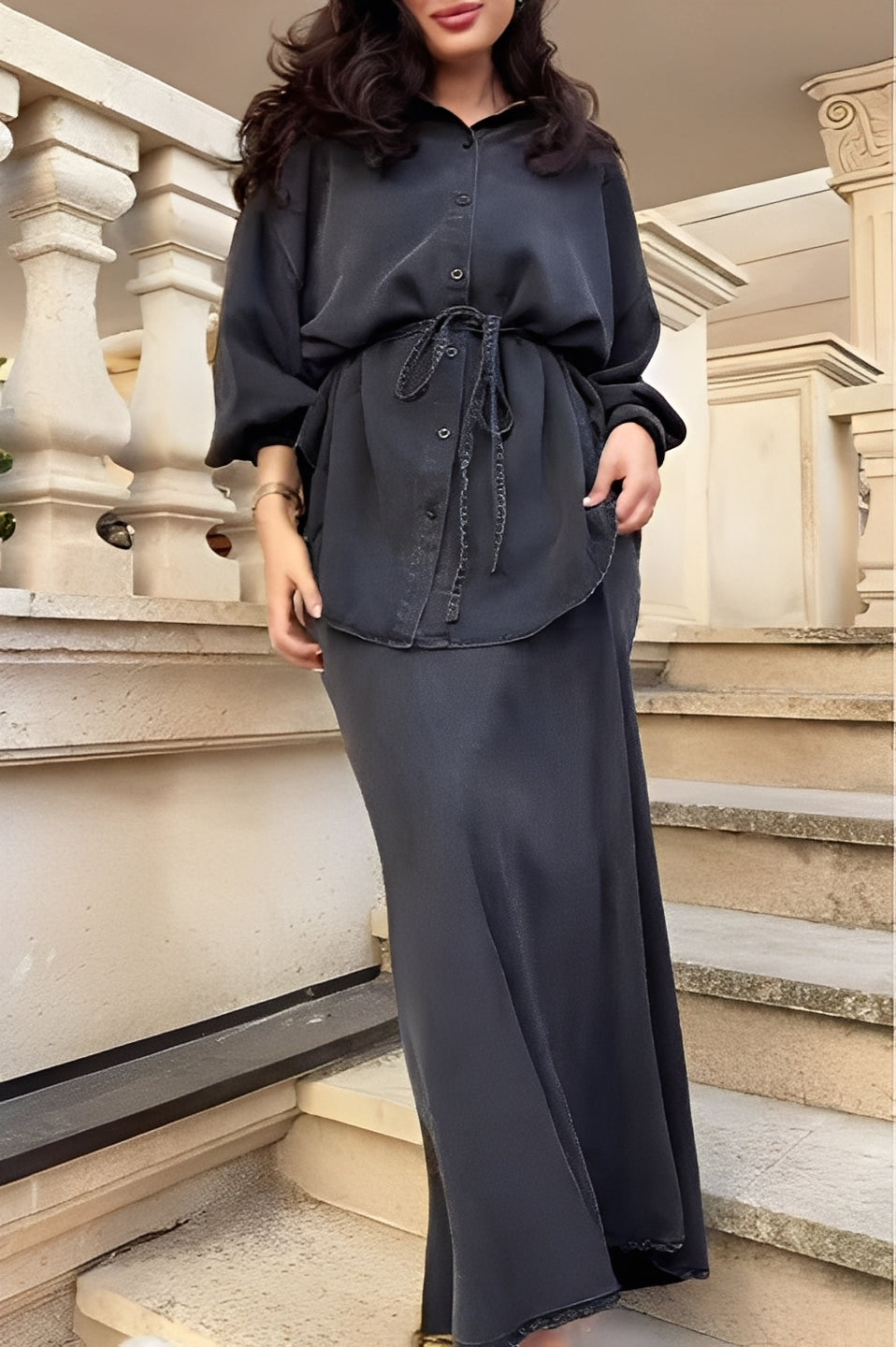 Lisa™ | Long Sleeve Tie-Front Shirt & Skirt Ensemble