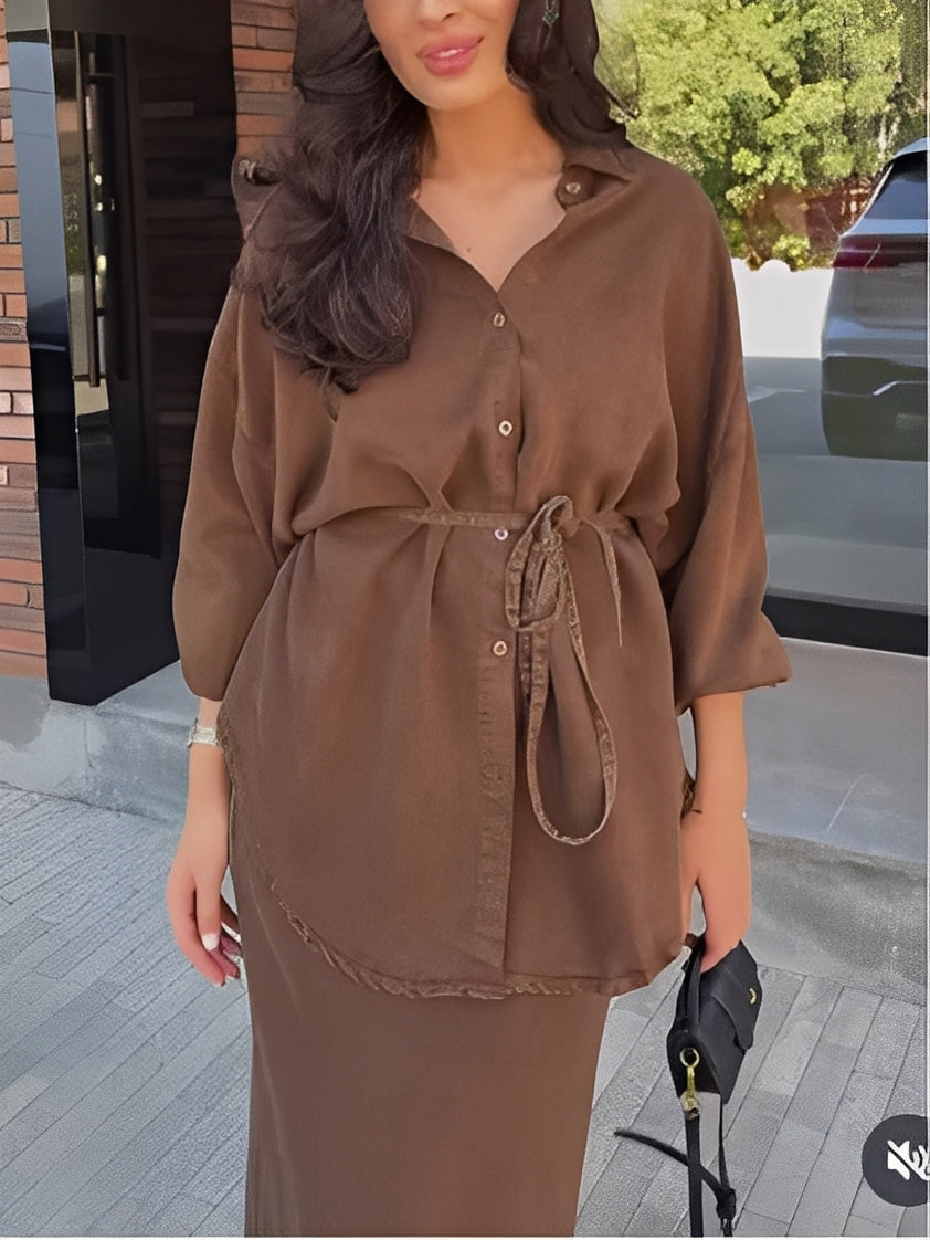 Lisa™ | Long Sleeve Tie-Front Shirt & Skirt Ensemble