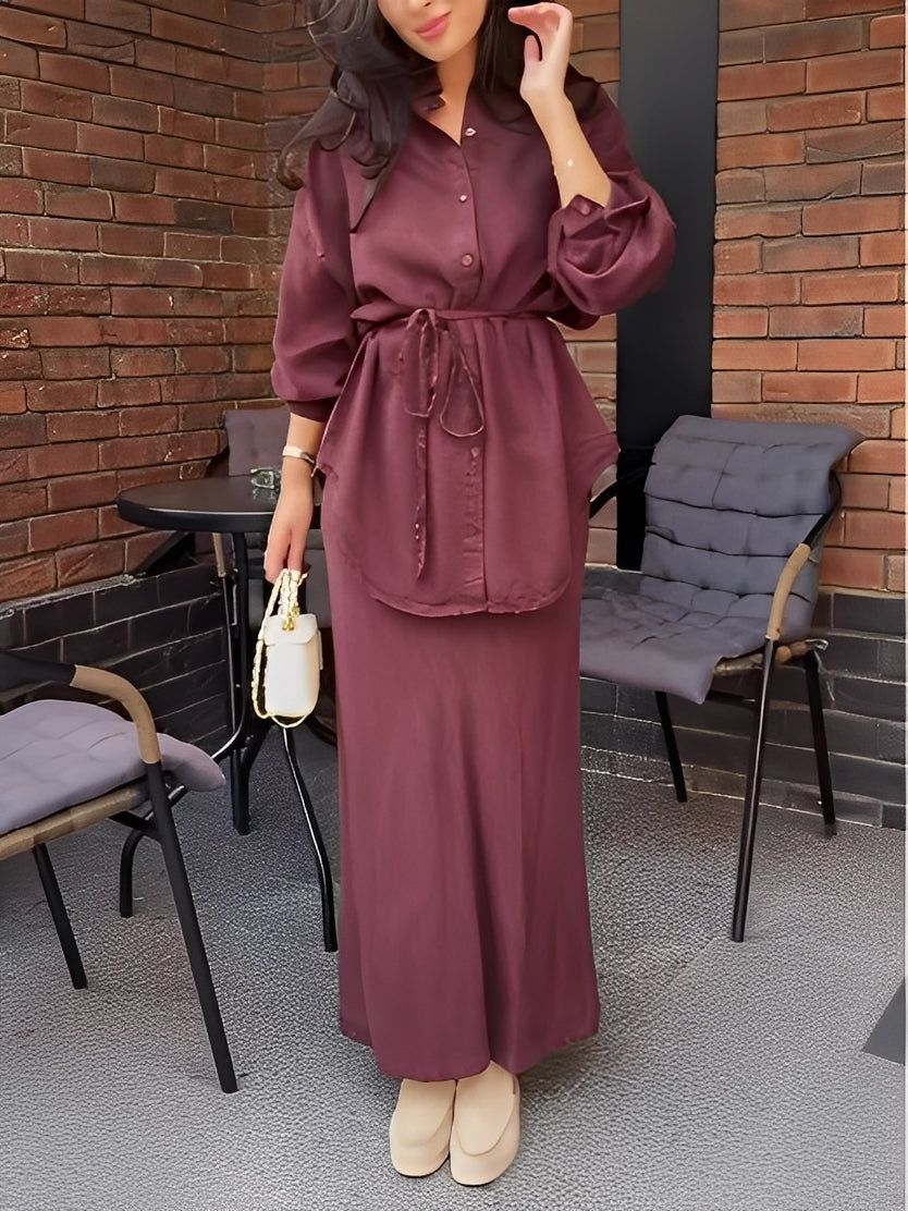 Lisa™ | Long Sleeve Tie-Front Shirt & Skirt Ensemble