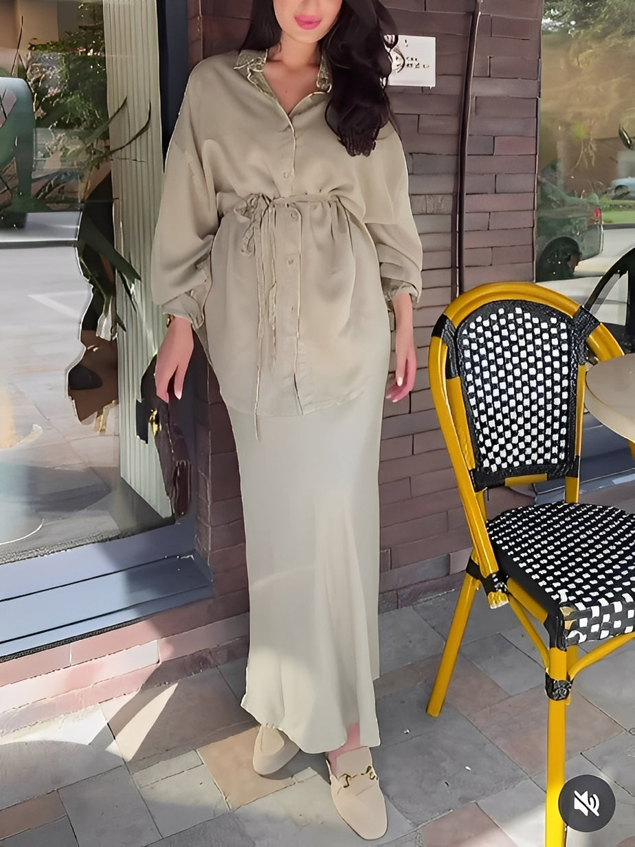 Lisa™ | Long Sleeve Tie-Front Shirt & Skirt Ensemble