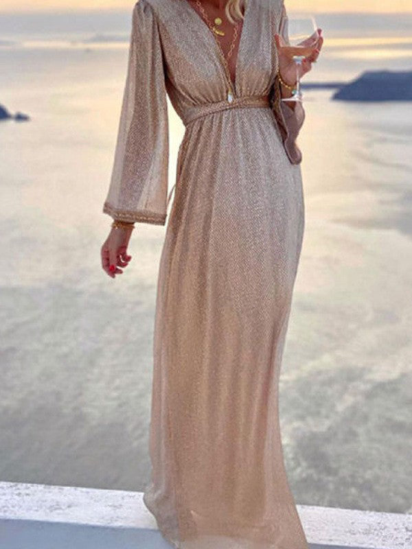 Zara | Women's Long Sleeve V-Neck Maxi Wrap Dress