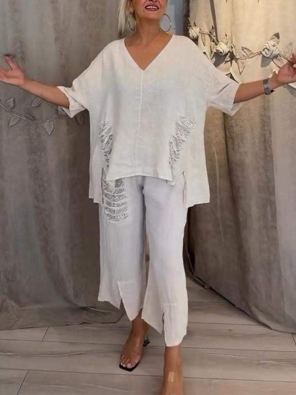 Pearl | Women's Casual V-Neck Top & Cropped Pants 2-Piece Set