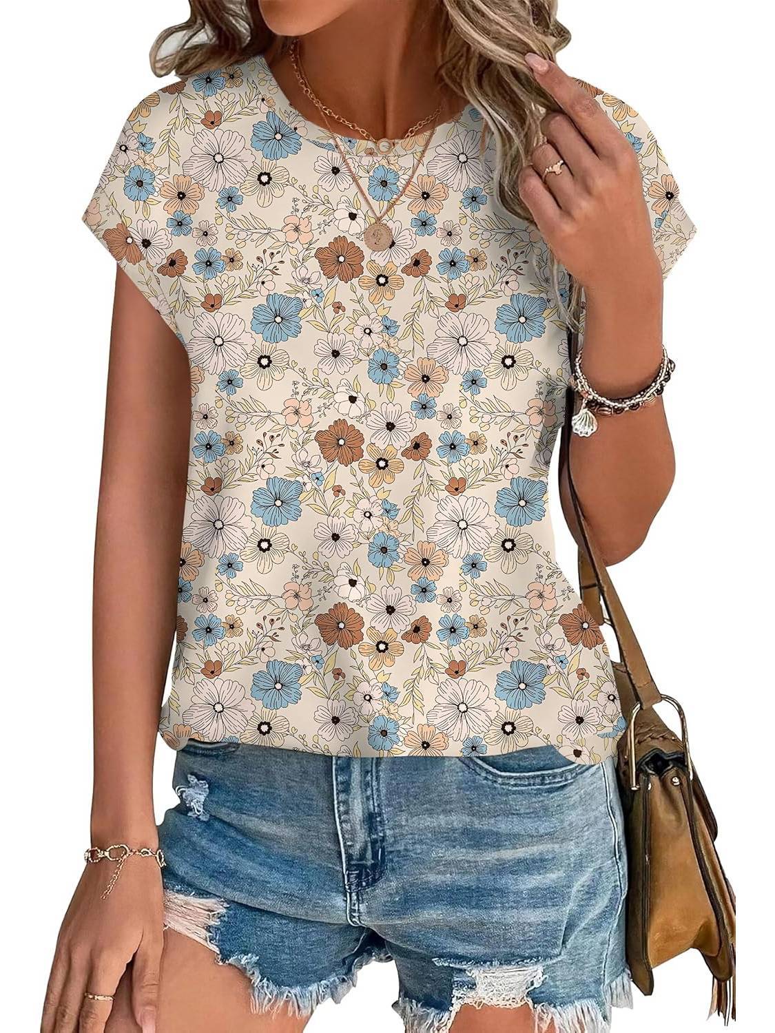 Meadow | Women's Casual Cap Sleeve Top with Leaf Print and Crew Neck