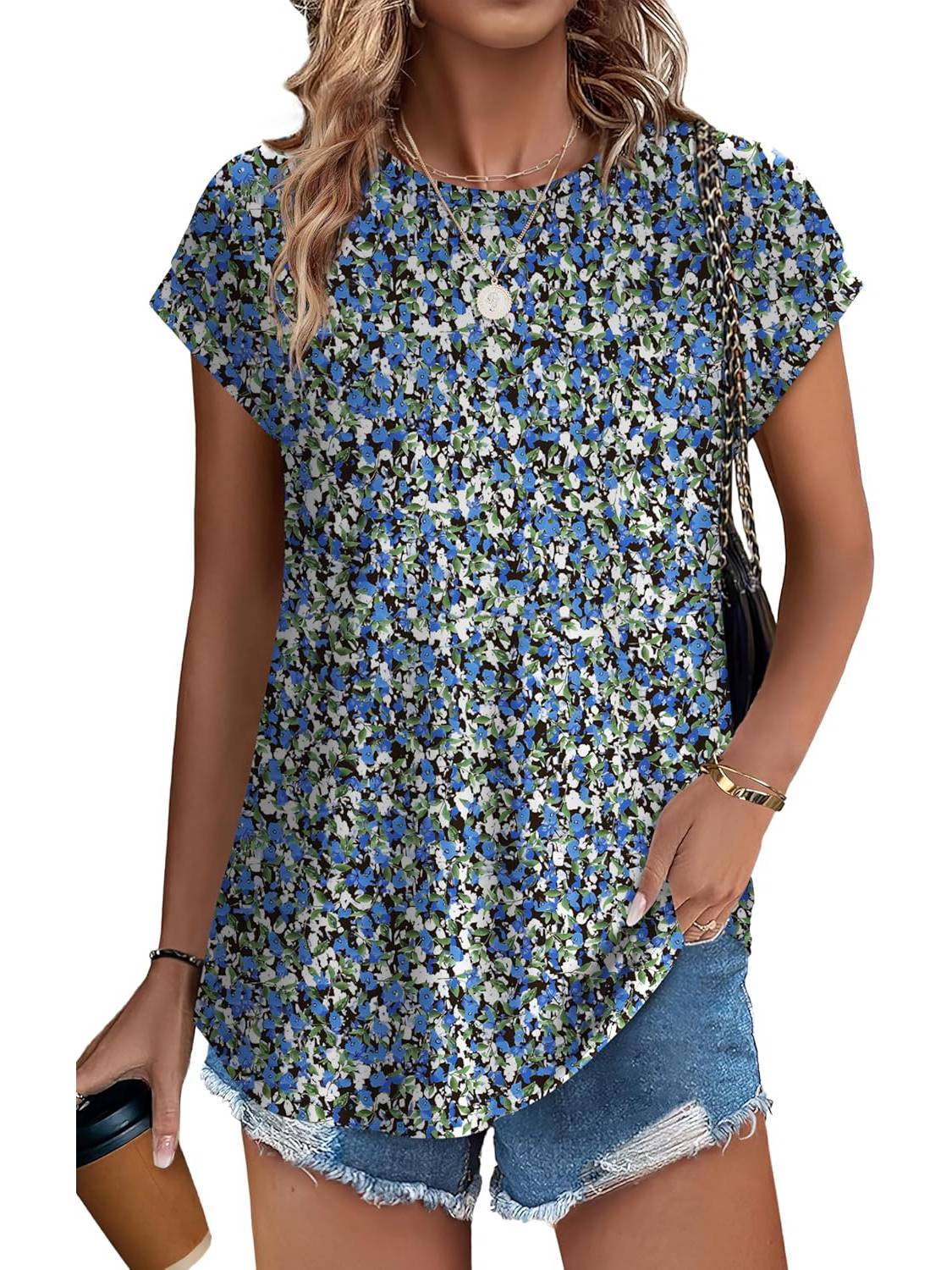 Meadow | Women's Casual Cap Sleeve Top with Leaf Print and Crew Neck