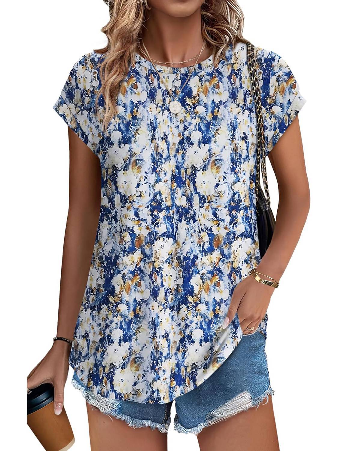 Meadow | Women's Casual Top with Leaf Print and Cap Sleeves