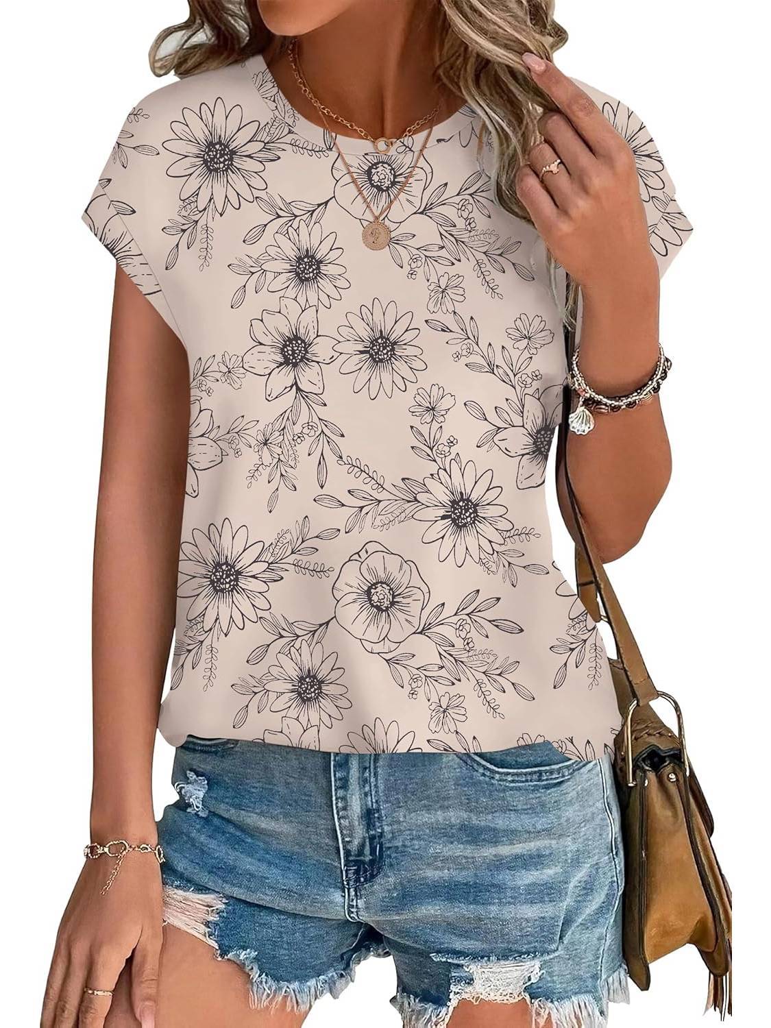 Meadow | Women's Casual Cap Sleeve Top with Leaf Print and Crew Neck