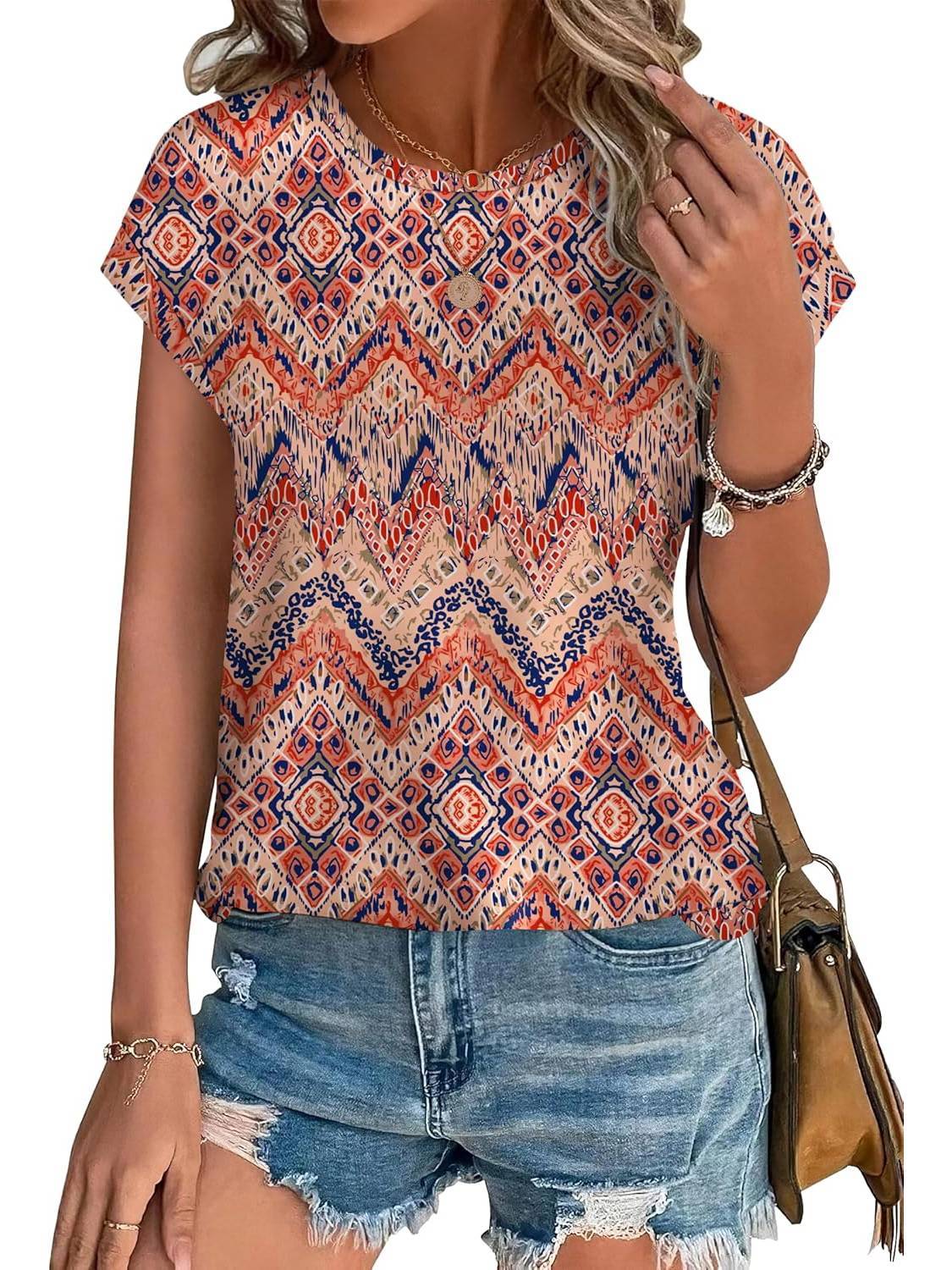 Meadow | Women's Casual Top with Leaf Print and Cap Sleeves