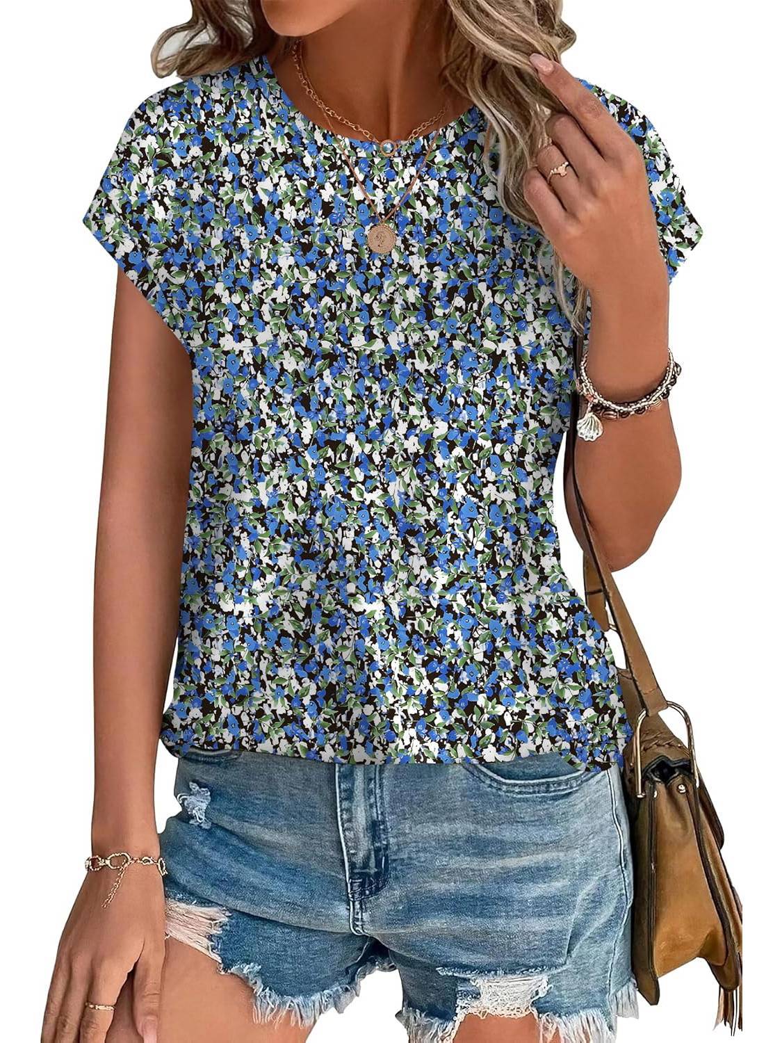 Meadow | Women's Casual Cap Sleeve Top with Leaf Print and Crew Neck