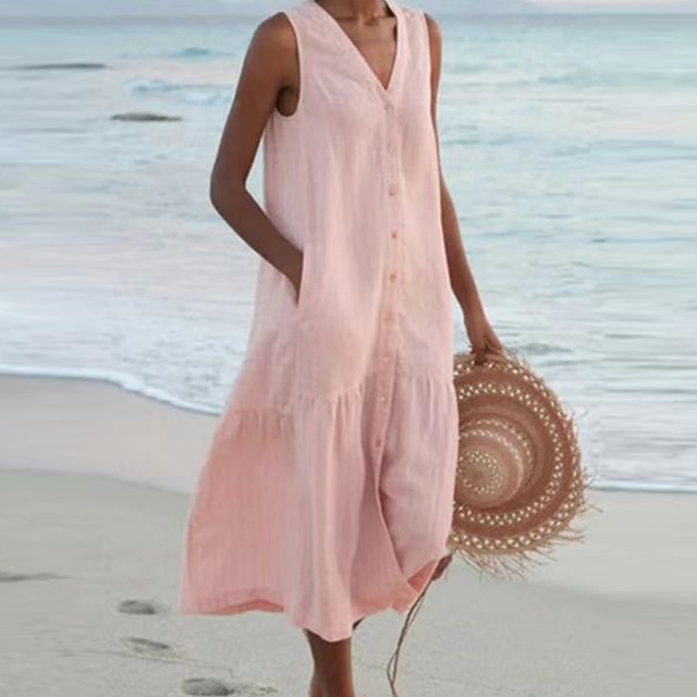 Barbara™ | Sleeveless Midi Dress with Button Detail