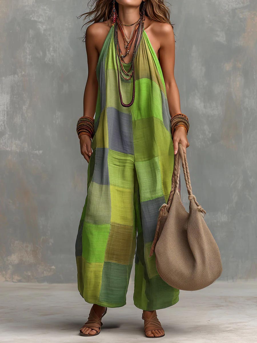 Patchwork Halter Wide-Leg Jumpsuit