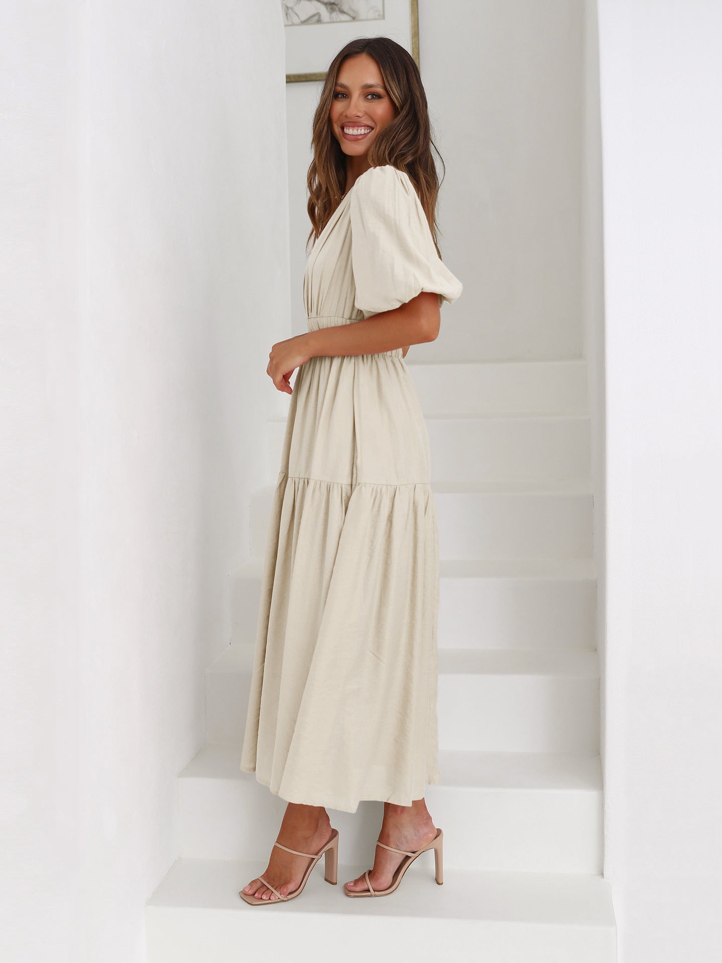 Noelle | Women's Midi Dress with V-Neck and Puff Sleeves Featuring Smocked Waist