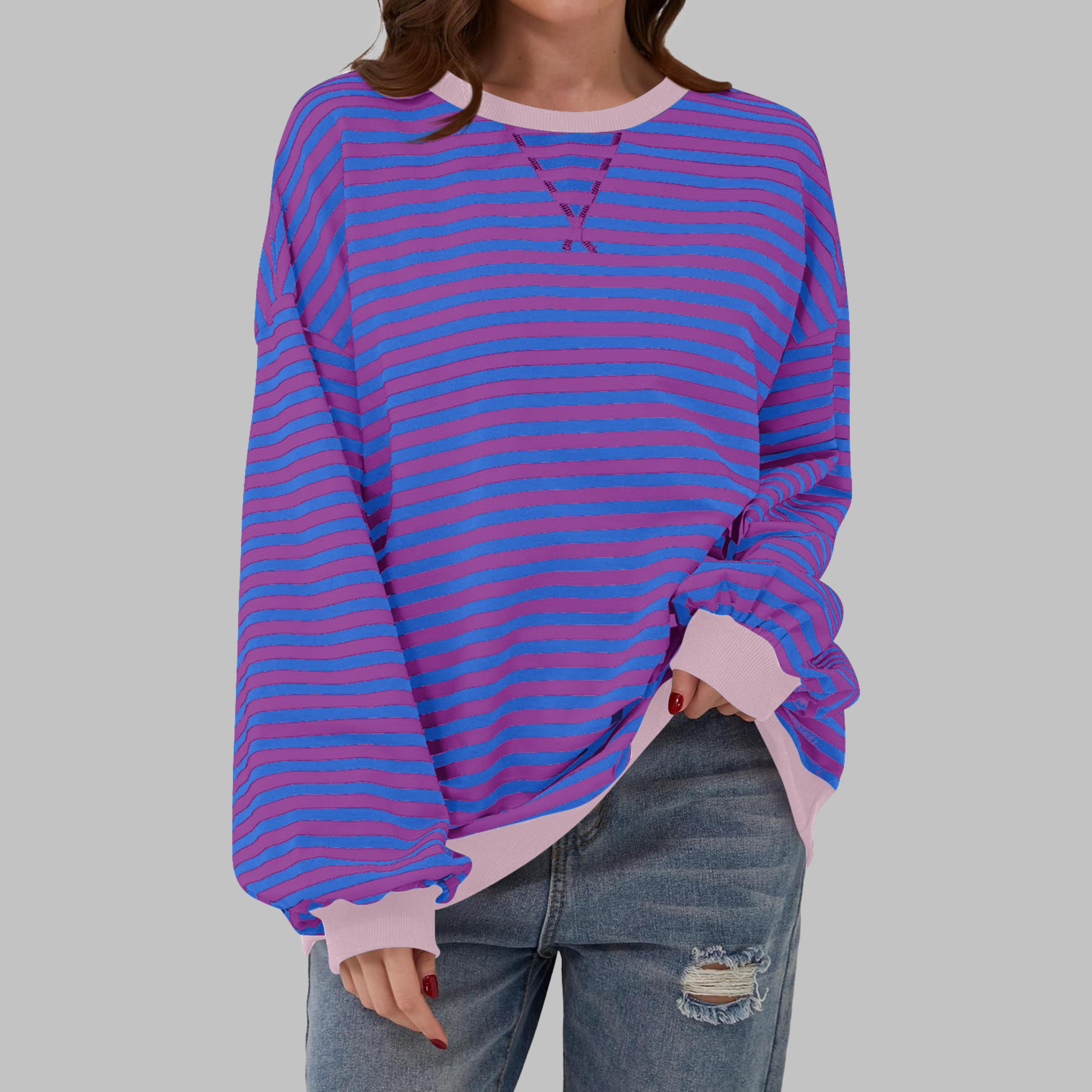 Poppy | Women's Oversized Striped Crewneck Sweatshirt with Long Sleeves